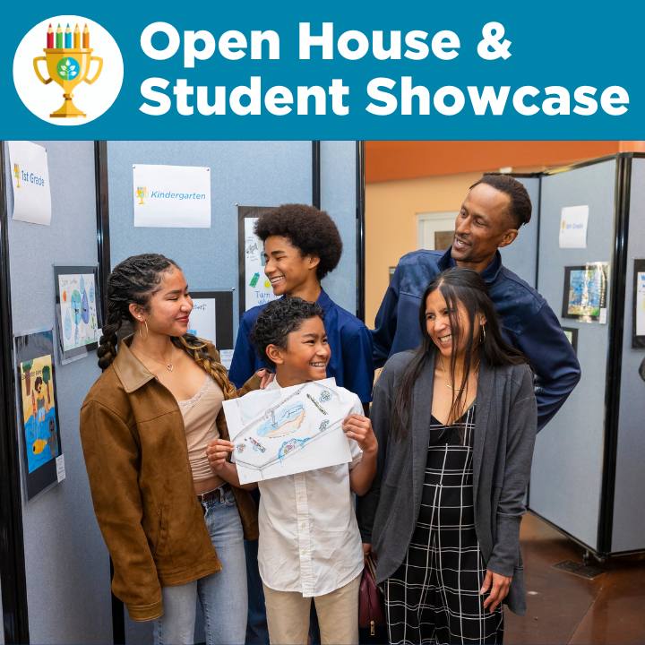 A photo that says "Open House & Student Showcase" with a family having fun attending the event.